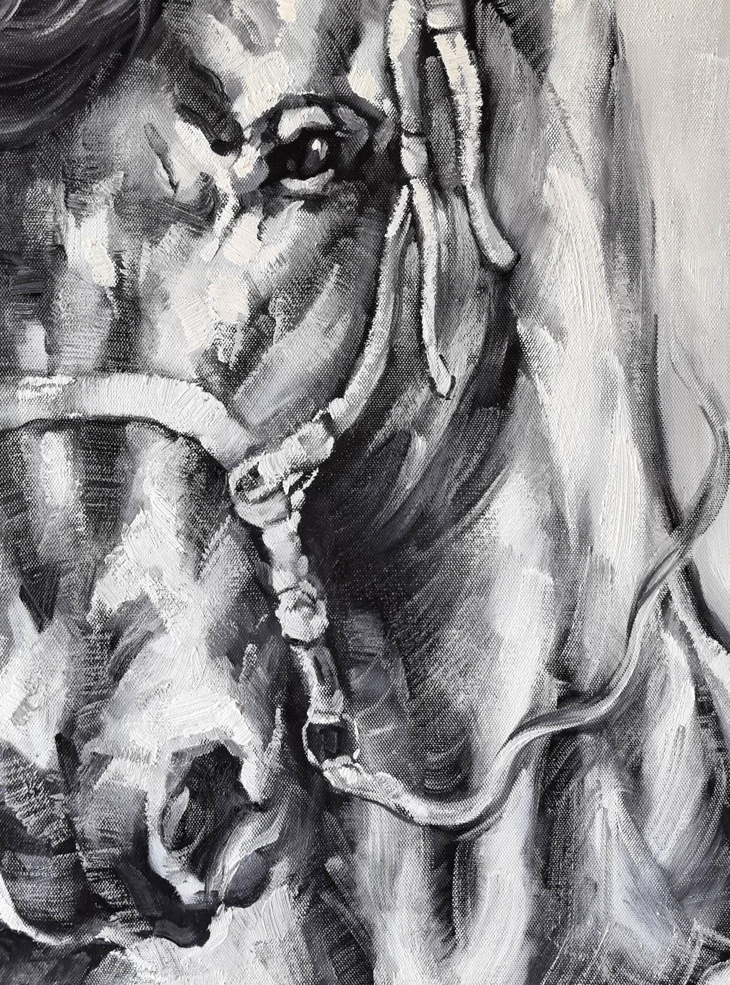 オリジナルの手作り馬の絵画、白黒カラー、印象派の馬のアート