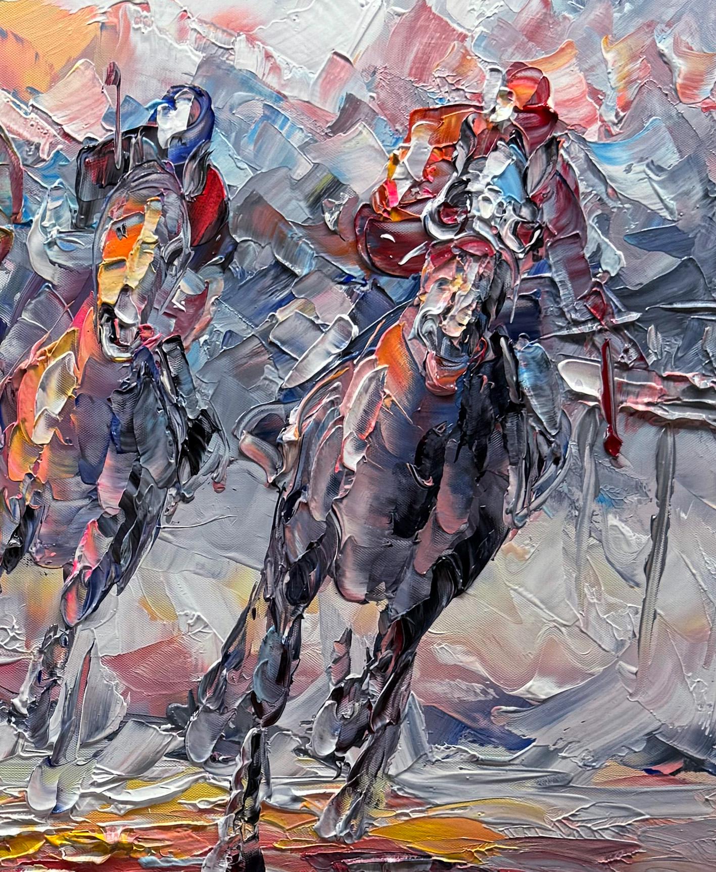 Framed Hand-painted Horse Racing Painting, Palette Knife