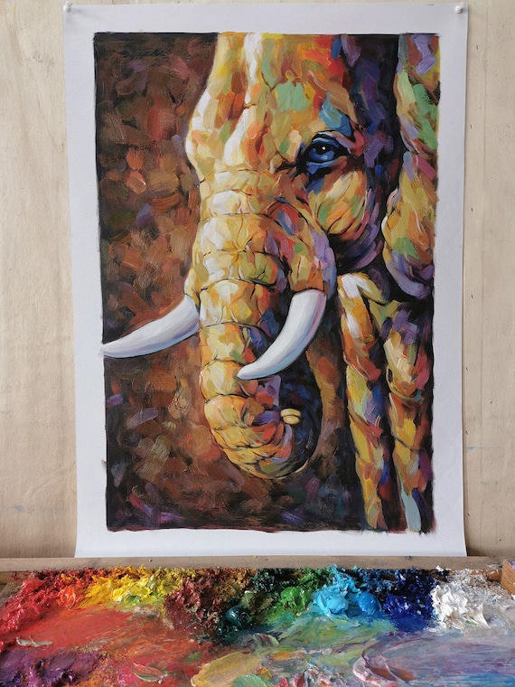 キャンバスに描かれたオリジナルのハンドメイド象の油絵 - 現代的な