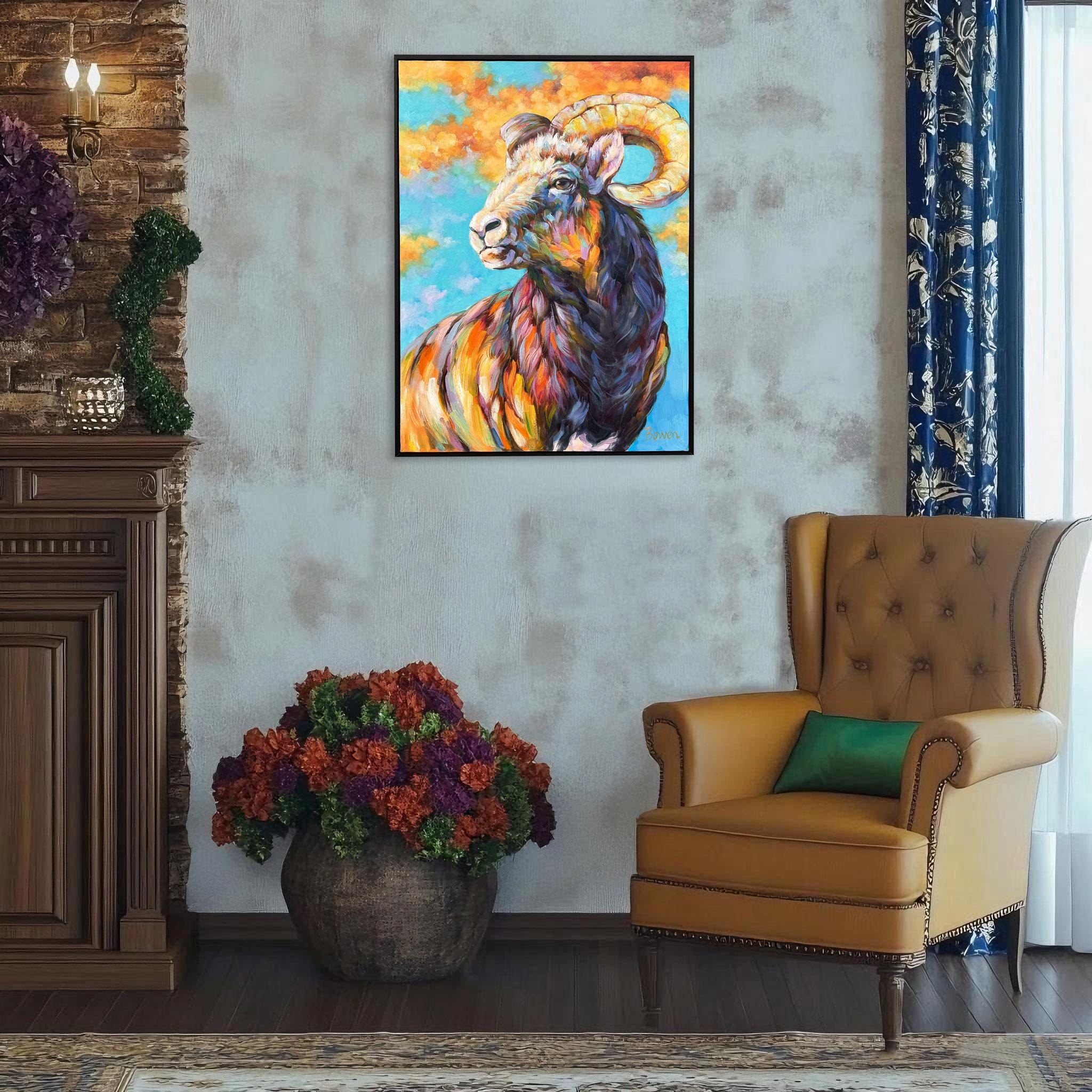 Framed Hand-painted Mouflon Painting, Original Impressionist Ram