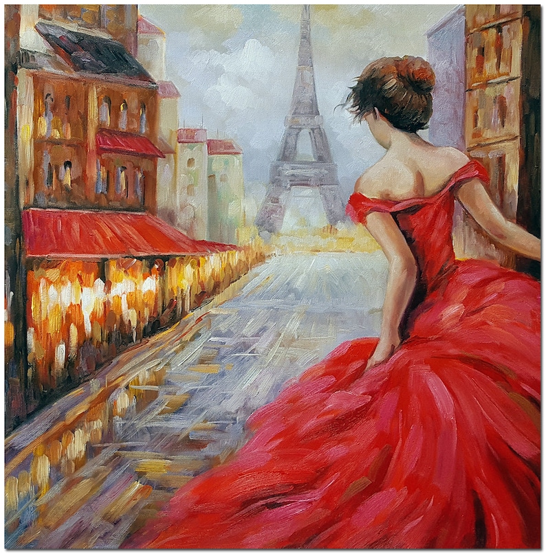 May include: Oil painting of a woman in a red dress, walking away from the viewer on a Parisian street. The Eiffel Tower is visible in the background. Buildings with red awnings line the street.