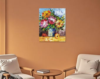 カラフルな花瓶 - ハンドメイドパレットナイフフラワー油絵キャンバス