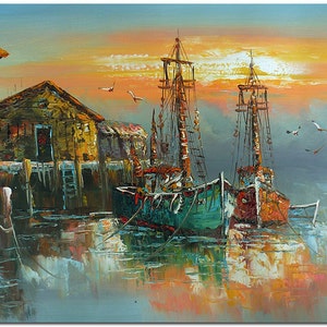 Morgen neblige Hafenszene - Original handgemachtes Ölgemälde auf Leinwand Spachtel Boot Wand Kunst Wohnkultur