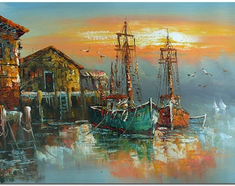 May include: A painting of two sailboats docked at a harbor at sunset. The boats are painted in shades of blue, green, and red. The sky is a vibrant orange and yellow, with a few white clouds. The water is a deep blue, with reflections of the boats and the sky. The scene is framed by a wooden dock and a few buildings.