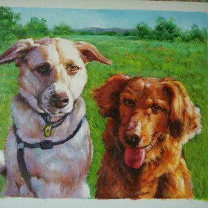 May include: A painting of two dogs, one white and one brown, looking at the viewer. The white dog has a black collar and leash. The brown dog has a long, fluffy coat. The background is a green field with trees in the distance.