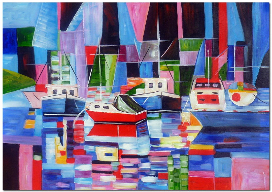 Hand Painted Abstract Colorful Riverside Scene Boat Oil Painting on ...