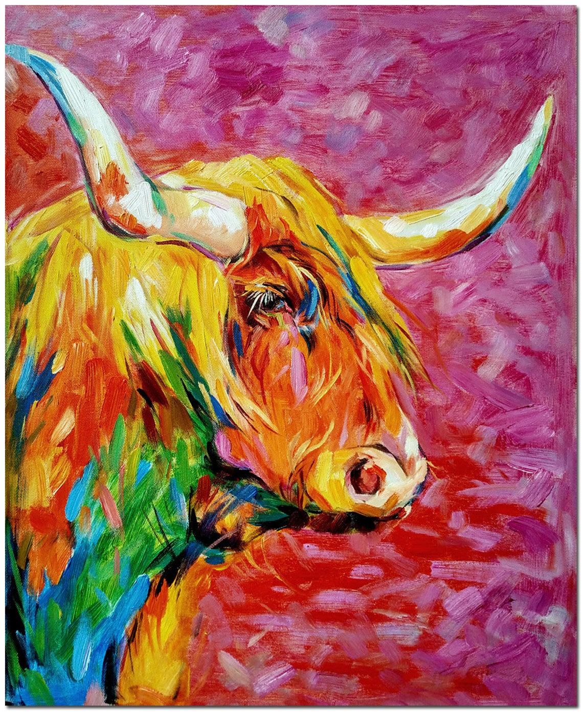 Hand Painted Bull Oil Painting On Canvas Modern Colorful Etsy