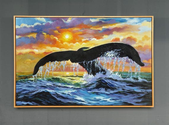 オリジナルのハンドメイドのクジラの油絵 - 夕焼けの風景、マルチ