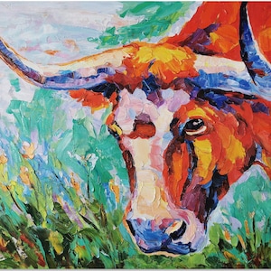 May include: An oil painting of a longhorn steer with a colorful, textured style. The steer's face is painted in shades of red, orange, and white, with long horns and a detailed eye. The background features green and blue brushstrokes.