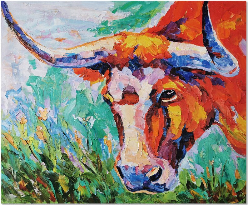 May include: An oil painting of a longhorn steer with a colorful, textured style. The steer's face is painted in shades of red, orange, and white, with long horns and a detailed eye. The background features green and blue brushstrokes.