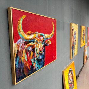 Framed Hand-Painted Longhorn Painting, Textured Palette Knife Bull, Southwest Ranch Wall Art, 36x24 inches image 2