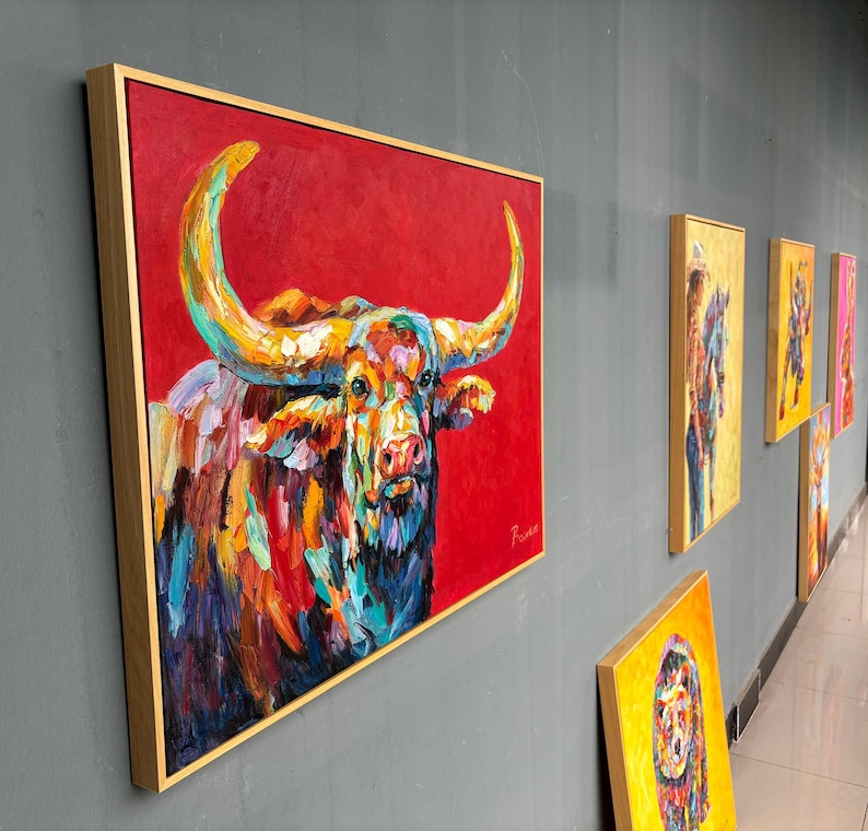 Framed Hand-Painted Longhorn Painting, Textured Palette Knife Bull, Southwest Ranch Wall Art, 36x24 inches image 2