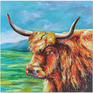 Handmade Highland Cow Painting On Canvas, Original Impressionist Cattle Wall Art Home Decor, Highland Cattle Art