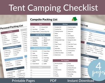 Camping Checklist | Tent Camping Checklist | Camp List | Printable Planner | Camping Printable Checklist | Packing List | Campsite List