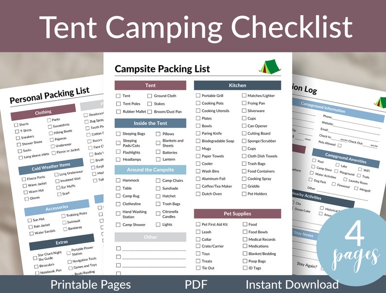 Camping Checklist Tent Camping Checklist Camp List Printable Planner Camping Printable Checklist Packing List Campsite List image 1