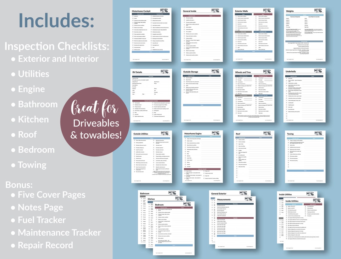 RV Printable Inspection Checklists RV Planning RV Purchase List Motorhome Inspection List Travel