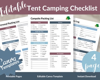 Editable Camping Checklist | Tent Camping Checklist | Camp List | Printable Planner | Printable Checklist | Canva Template | Campsite List