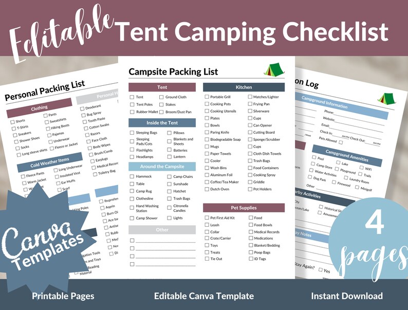 Editable Camping Checklist Tent Camping Checklist Camp List Printable