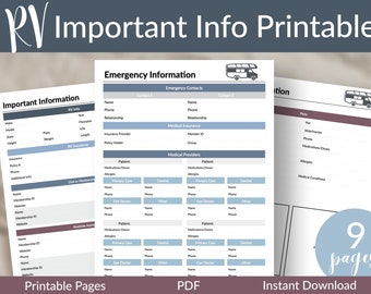 RV Printable Info Tracker | RV Printable Planner | Camping Planner | RV Info Log | Pet Checklist | Emergency Info Printable