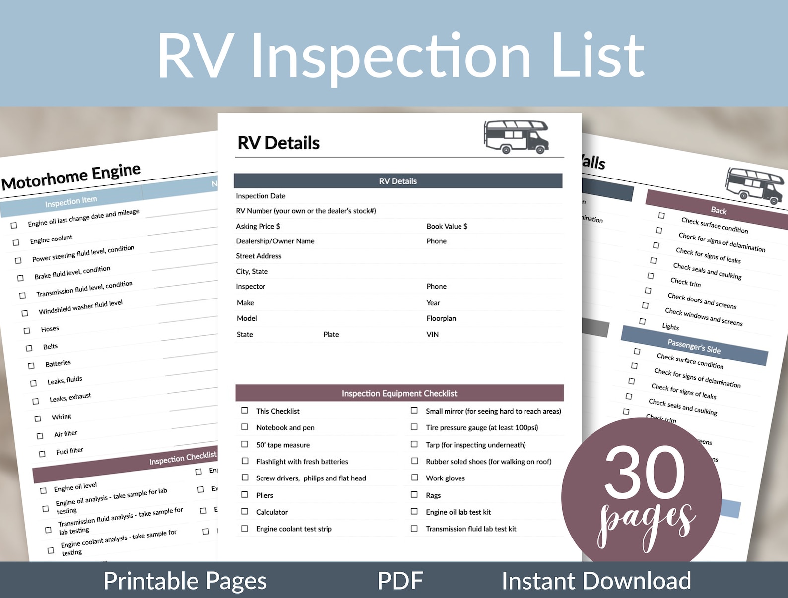 RV Printable Inspection Checklists RV Planning RV Purchase Etsy