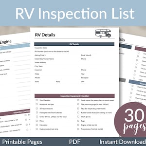 RV Printable Inspection Checklists | RV Planning | RV Purchase List | Motorhome Inspection List | Travel Trailer Inspection | Towable List