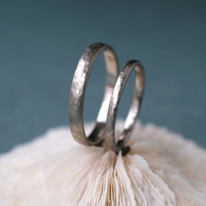 May include: Two silver wedding bands on a white coral base.