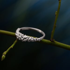 Könnte beinhalten: Ein silberner Ring mit einem strukturierten, organischen Design, das an eine Ansammlung kleiner Perlen erinnert. Der Ring liegt auf einem grünen Zweig vor blauem Hintergrund.