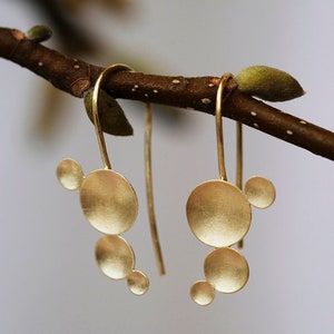 Gold hook earrings, Gold Hanging earrings, organic earrings long, domed discs earrings, organic hanging earrings, hook earrings with circles