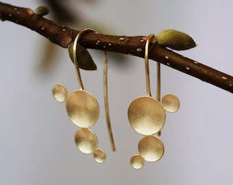 Gold hook earrings, Gold Hanging earrings, organic earrings long, domed discs earrings, organic hanging earrings, hook earrings with circles