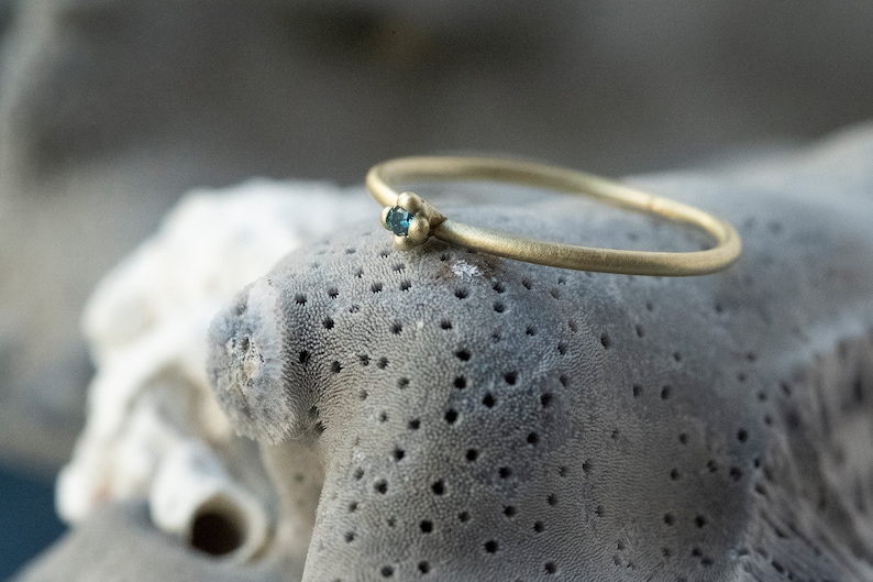 Blue diamond ring 14k gold, engagement ring brilliant, tiny gold ring blue stone, minimal diamond ring, matt gold, tiny blue diamond ring image 3