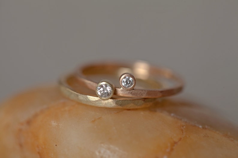 Rosegold 8k Diamond ring, engagement ring brilliant, hammered gold ring white stone, minimal diamond ring, matte gold, white diamond ring image 10