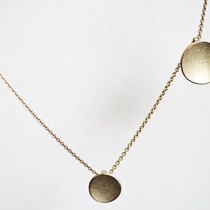 14k Gold necklace two discs, necklace with 2 charms, wedding day gift, bride necklace two circle pendants, minimal solid gold necklace