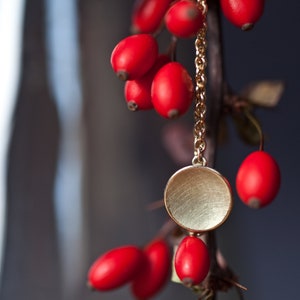 Peut inclure: Un collier avec un pendentif rond en métal brossé doré suspendu à une chaîne. Le collier est orné de baies rouges.
