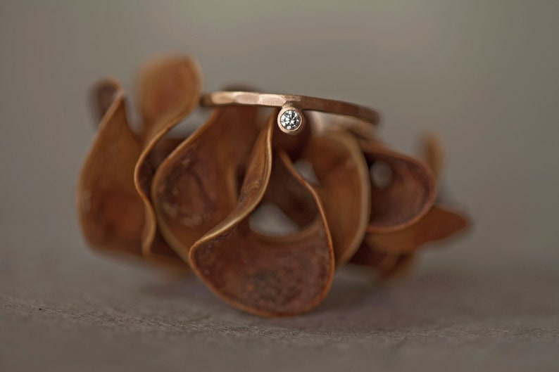 Rosegold 8k Diamond ring, engagement ring brilliant, hammered gold ring white stone, minimal diamond ring, matte gold, white diamond ring image 8