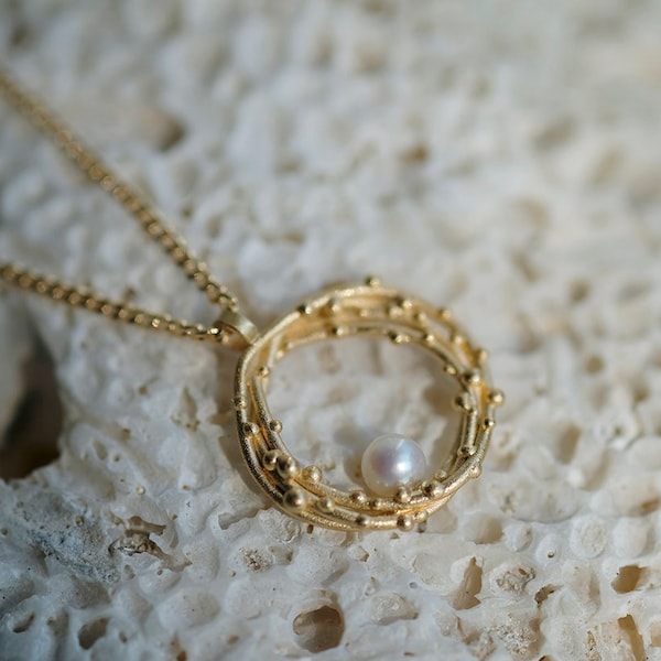 Goldkette mit Perlenanhänger, Gold Anhänger mit Kügelchen, Gold Halskette Meer, Meerjungfrau Goldkette Perle, Muttertagsgeschenk