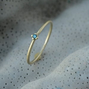 Blue diamond ring 14k gold, engagement ring brilliant, tiny gold ring blue stone, minimal diamond ring, matt gold, tiny blue diamond ring image 1