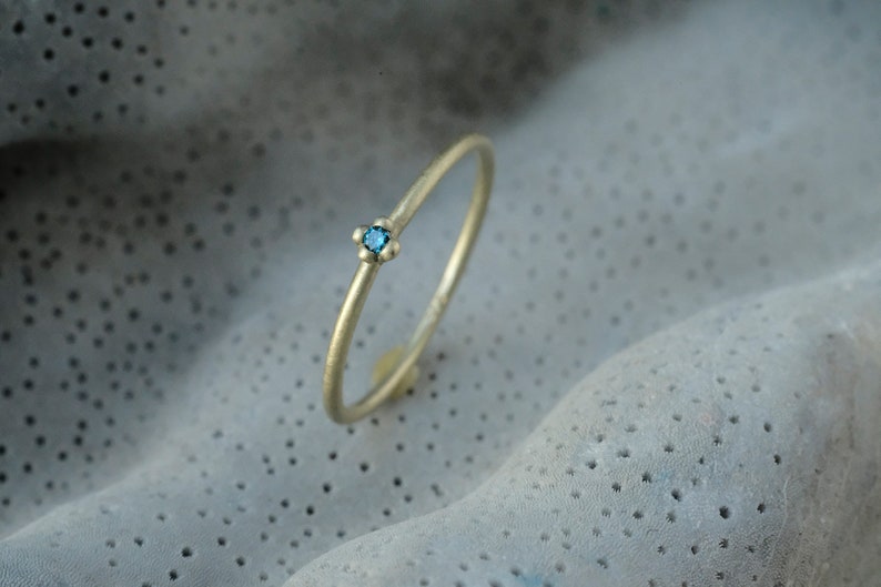 Blue diamond ring 14k gold, engagement ring brilliant, tiny gold ring blue stone, minimal diamond ring, matt gold, tiny blue diamond ring image 1