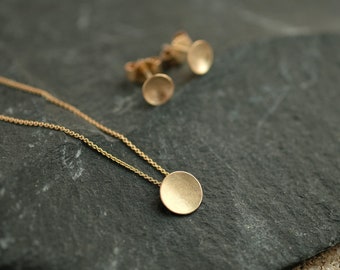 14k Gold necklace, matte gold necklace 14k, girlfriends gift, minimalist solid gold necklace, bride minimal 14K necklace, domed disc pendant