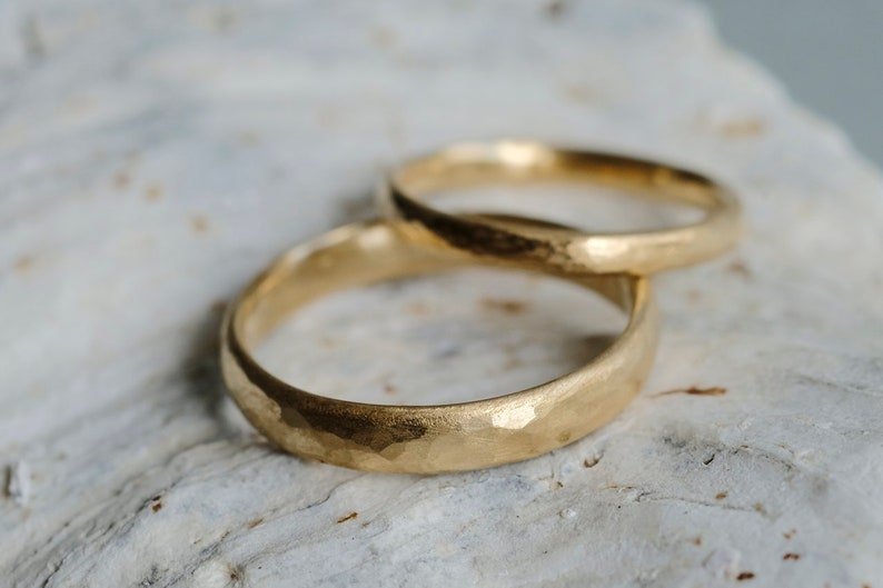 Hammered Wedding Ring Set 14k Gold Ring Set 18ct Textured Etsy