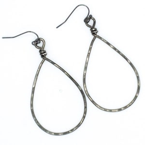 Gunmetal Grey Teardrop Hammered Wrapped Hoop Earrings in 6 sizes