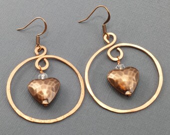 Hand Hammered Copper Hoop and Copper Hammered Puffy Heart