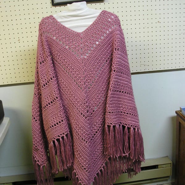 Fringed Sweater Poncho, Womans Pink Poncho, Large Poncho, Crochet Poncho