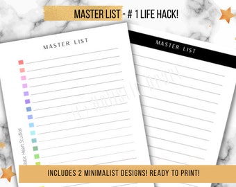 Life Hack #1 | 2 Master Lists | Organize your Life | 2 Minimalist Designs | Printable PDF | Personal Planner | FiloFax Franklin Covey