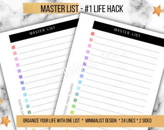 Master List | To Do | Brain Dump | Organize your Life | Printable PDF | Personal Planner Size | Minimalist Design | FiloFax, Franklin Covey