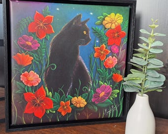 Framed Canvas Art Print | Colours of Night | Black Cat & Flowers