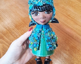 Embellished Art Doll | 3D Printed Sculpture with Resin Flowers