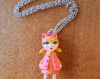 Hand-Painted Cat Girl Pendant Necklace: Pink Coat, Resin Jewelry