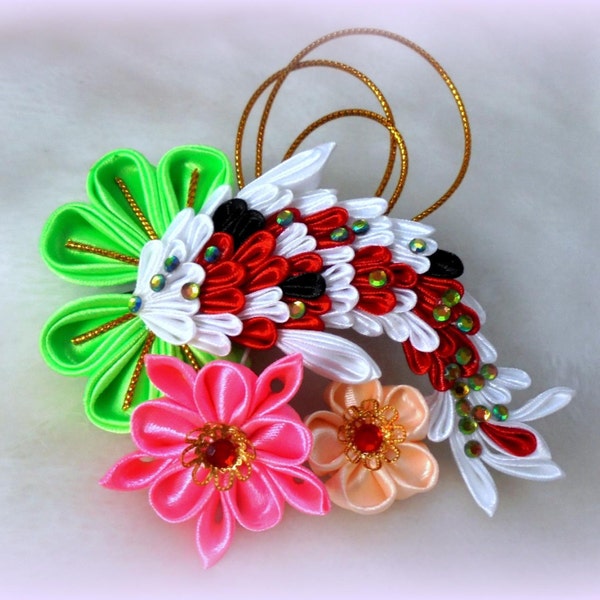Handcrafted koi carp and flower hair clip. Kanzashi hair accessories. Geisha hair clip. Japanese art