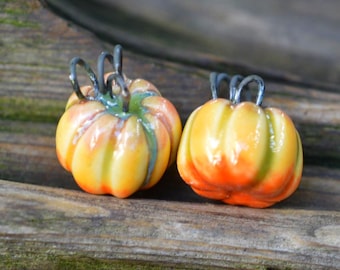 Organic Pumpkins- Handmade Porcelain Bead Pair