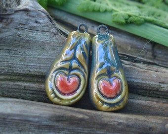 Feathers-  Handmade Stoneware Bead Pair